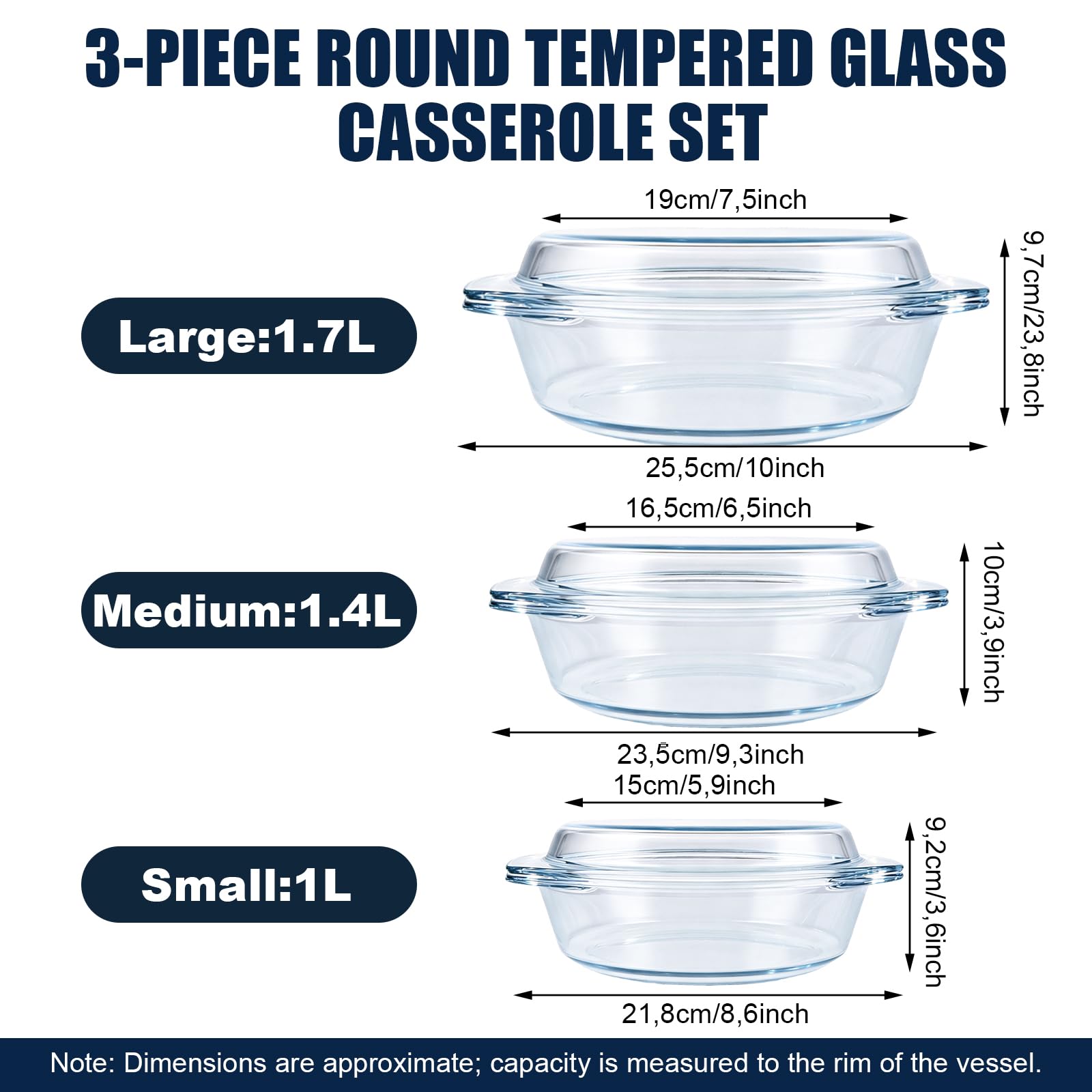 YAYODS 3 fuentes de cristal con tapa – 1000/1400/1700 ml redondo – Utensilios microondas de cristal con tapa – apto para horno – Fuente de cristal con asas para ensalada de frutas, carne, microondas y
