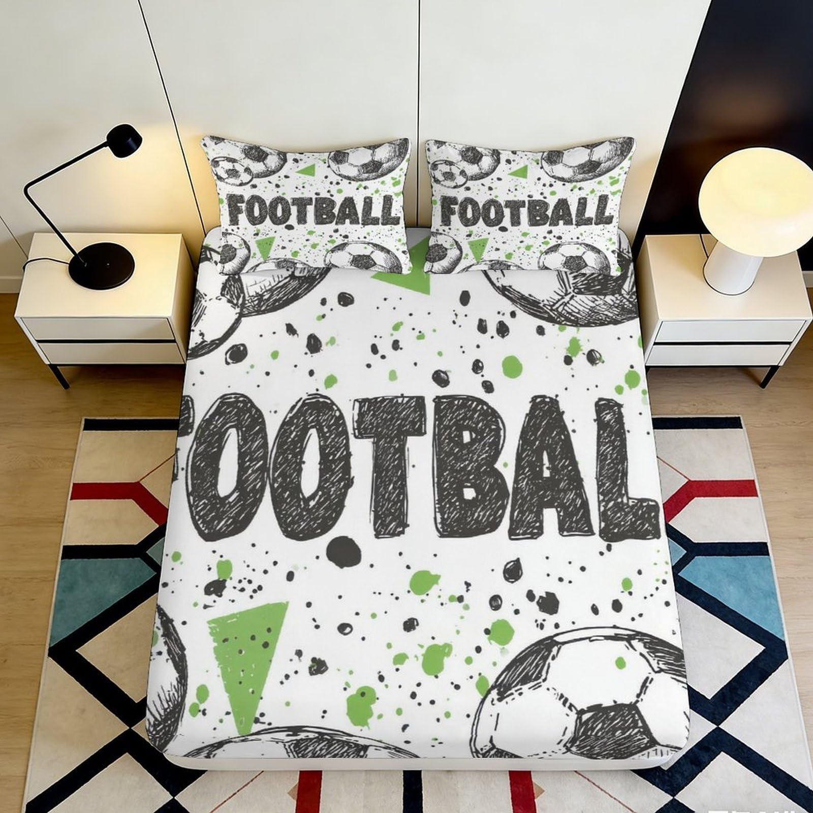 3D Printed Football Fitted Sheet Microfiber Deep Pocket Non-Slip Bedroom Bedding Football Mattress Fitted Cover for Adults Teens 140x200x25cm