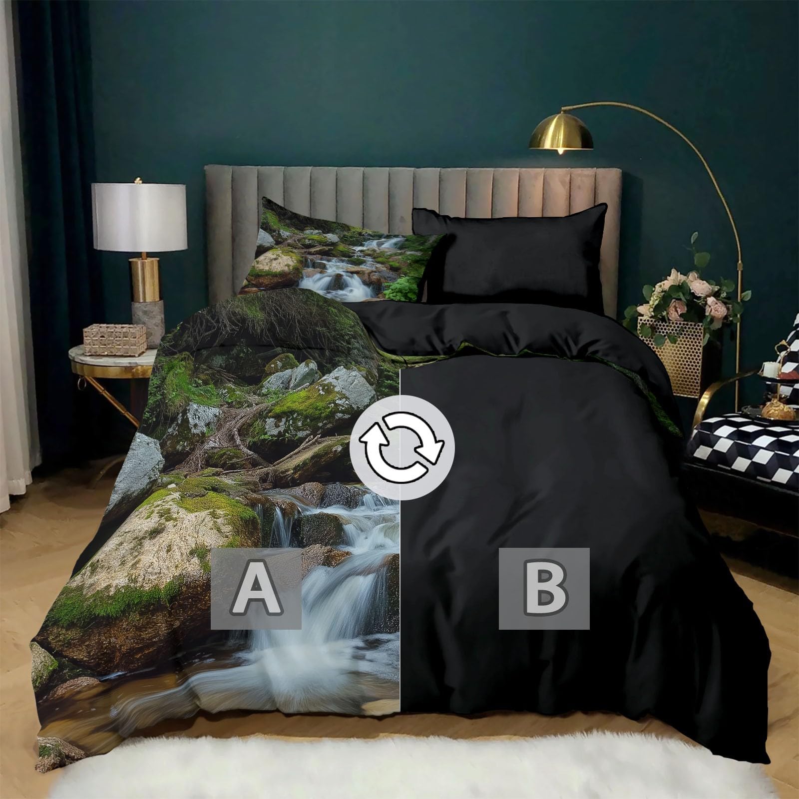 Pościel 3D, letni krajobraz górski, komplet pościeli 200 x 200 cm + poszewka na poduszkę 80 x 80 cm, czarna, z mikrofibry, dwustronna, 3-częściowy, z zamkiem błyskawicznym