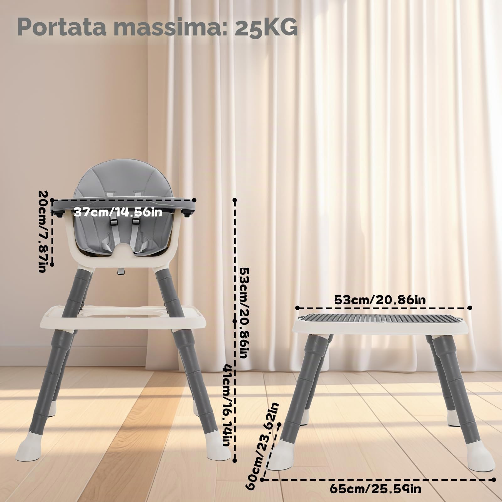 Seggiolone 7 in 1 per bambini, con tavolo da pranzo, poggiapiedi, cesto, cintura di sicurezza e doppio vassoio rimovibile, per bambini a partire dai 6 mesi (grigio)