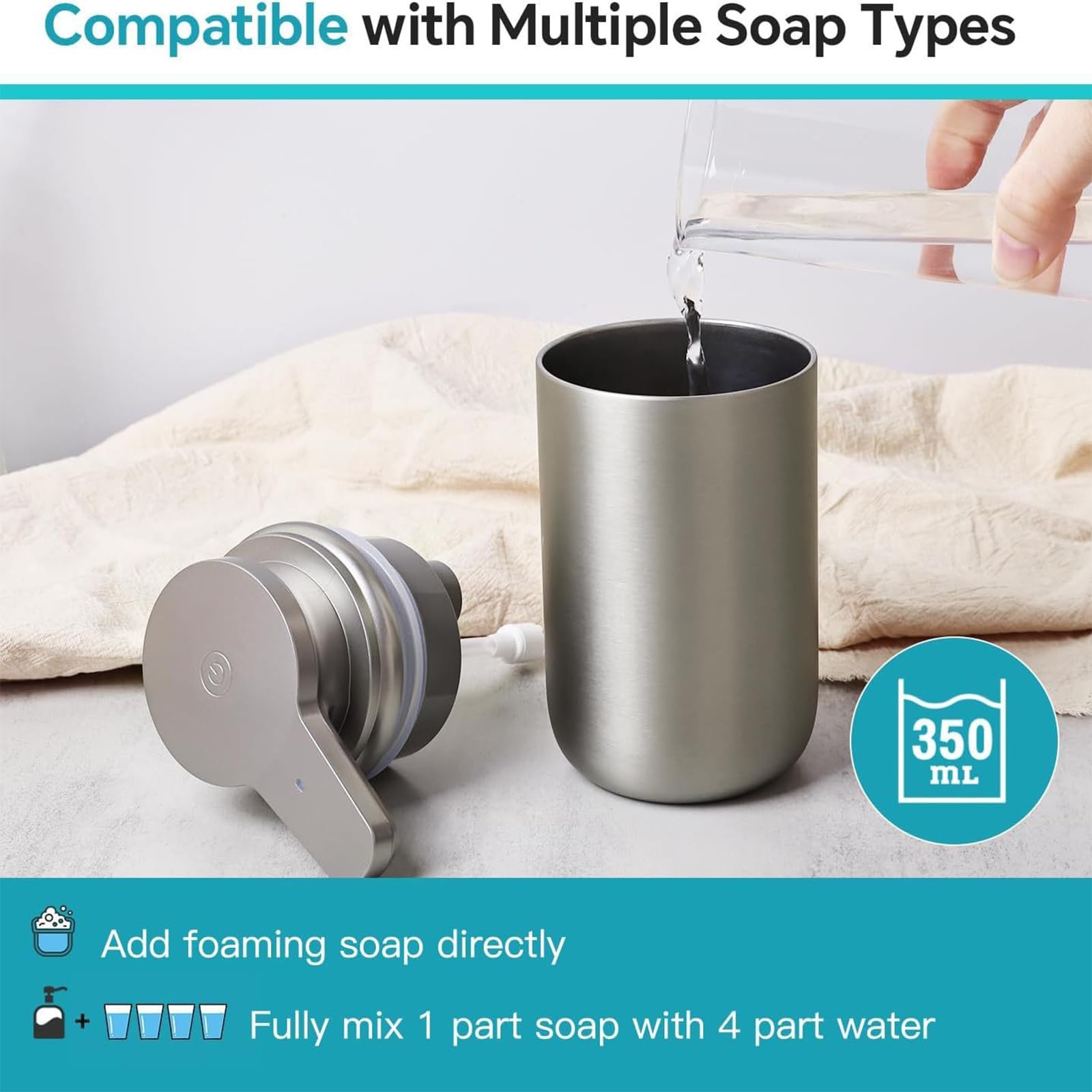 Dispenser di Sapone Automatico Touchless da 350 Ml in Acciaio Inox 304; Dispenser di Sapone Schiumogeno Ricaricabile per Bagno.