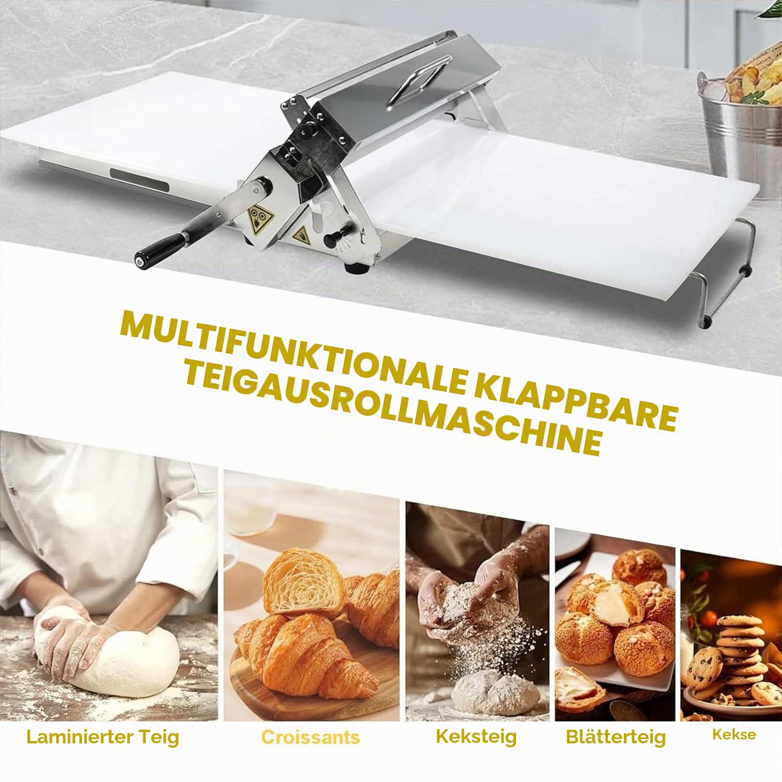 Teigrolle mit Einstellbarer Teigstärke, Faltbare Teigrolle mit Ausrollbrett, Manuelle Teigrolles für Pizza,Croissants,Gebäck und Fondant,für den Gewerblichen und Privaten Gebrauch, 300 mm Breit