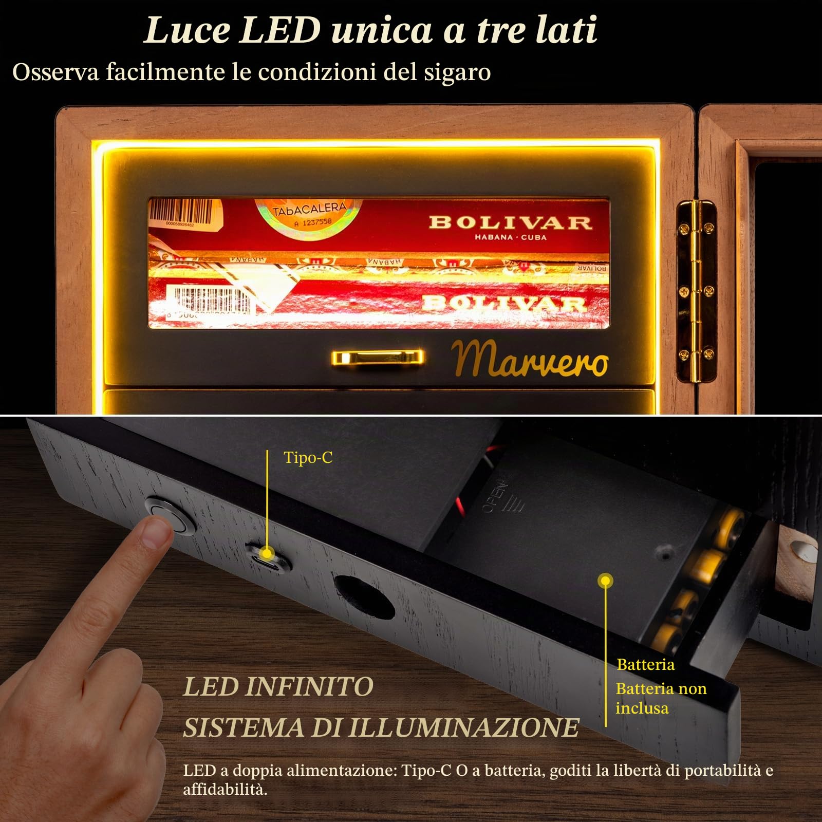 Umidificatore per sigari per 200 Sigari, 5 Cassetti in Cedro, Nero | Illuminazione a LED su tre lati, 4 umidificatori e 2 pacchetti di umidificazione con alimentazione tramite USB-C o batteria.