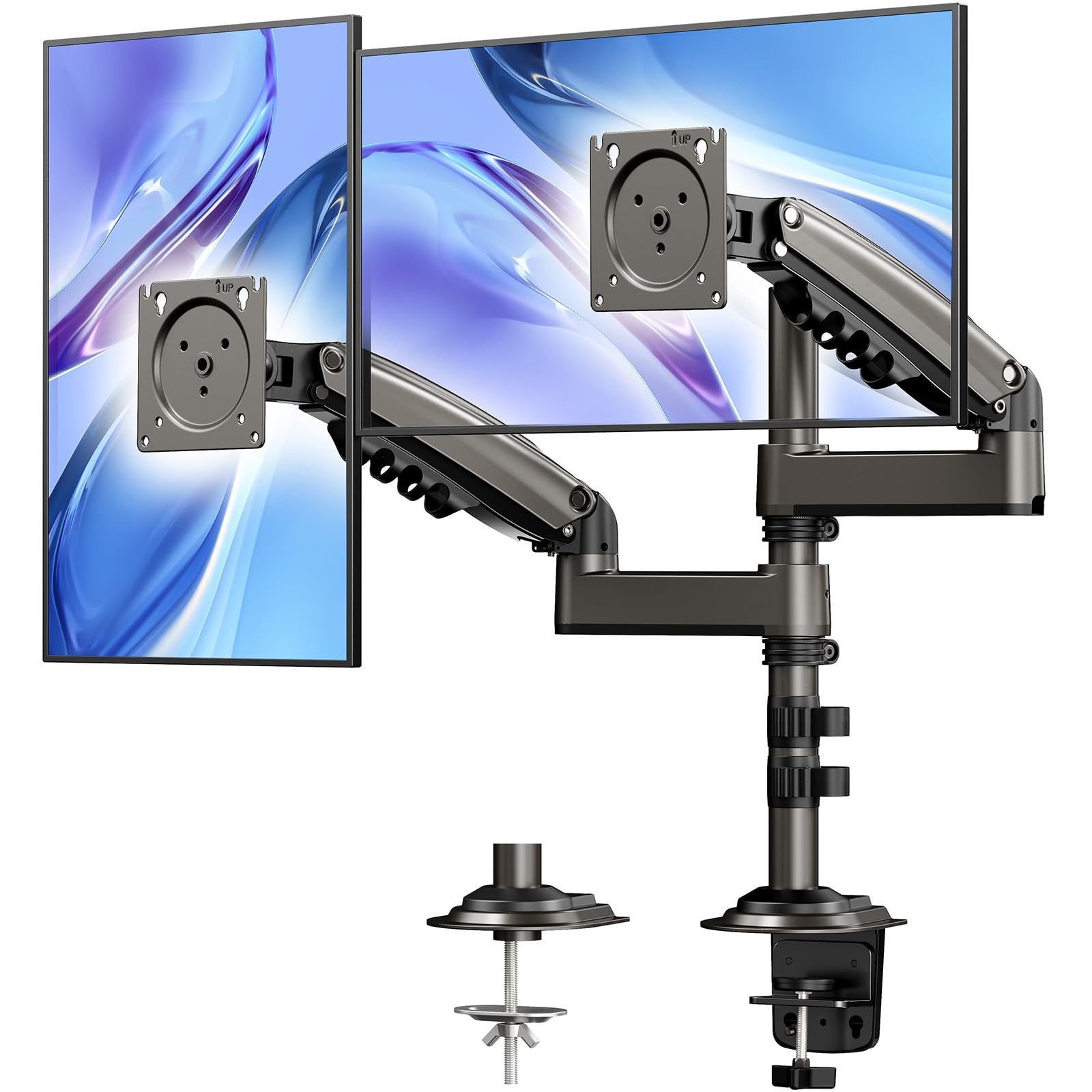 Dual Monitor Stand - Height Adjustable Gas Spring Double Arm Monitor Mount Desk Stand Fit Two 17 to 32 inch Screens with Clamp, Grommet Mounting Base, Each Arm Hold up to 19.8lbs
