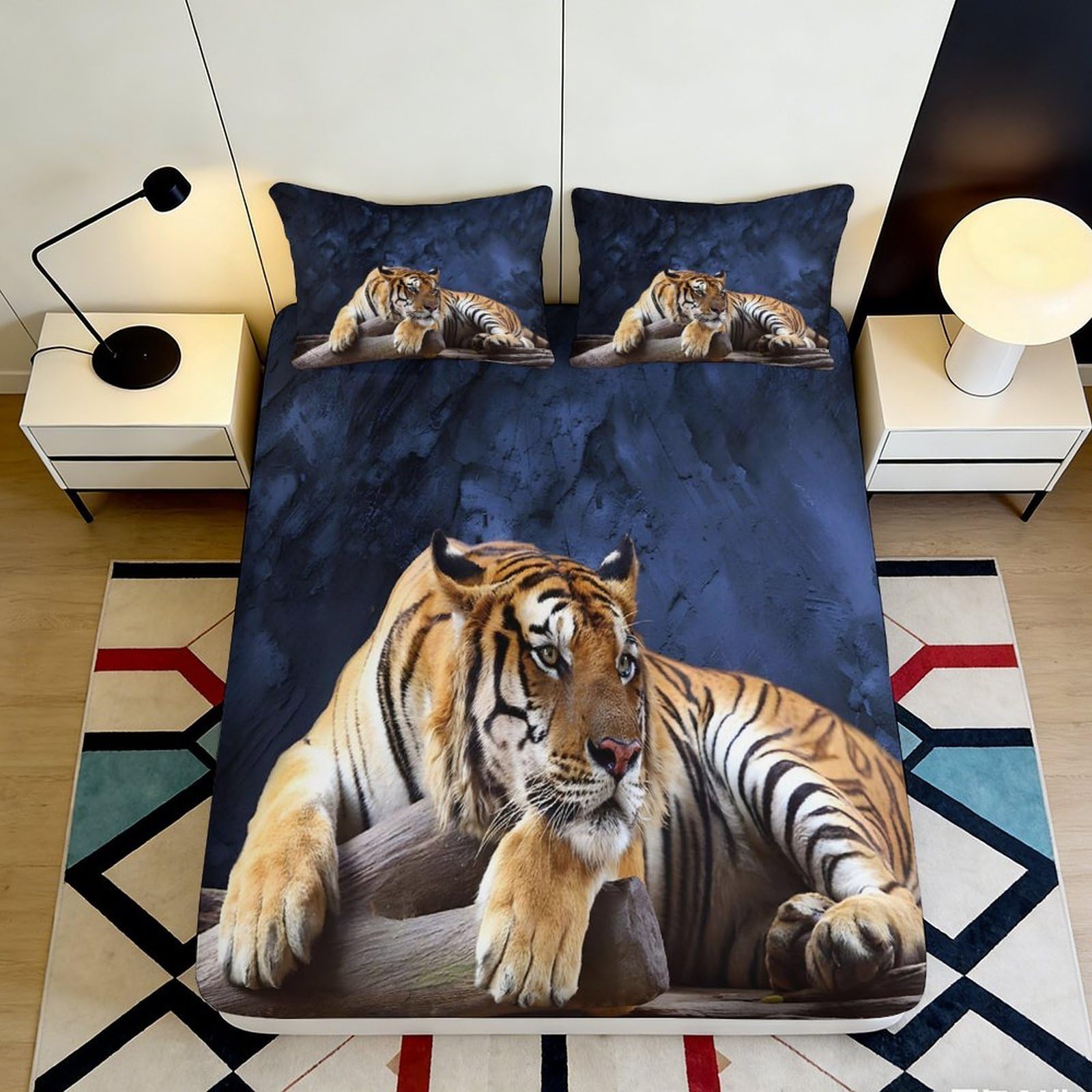 3D Printed Tiger Pattern Fitted Sheet Microfiber Soft Durable 3D Printed Tiger Cub Mattress Cover for Bedroom Dormitory Guest Room Protection 140x200x25cm
