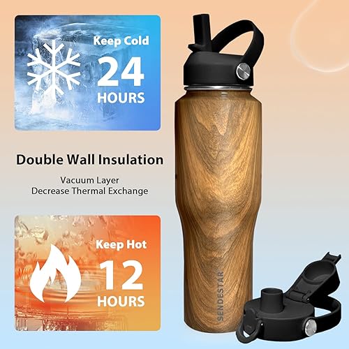 Miniatura 2 de SENDESTAR Botella de agua de 32 onzas de boca ancha de acero inoxidable aislada al vacío, doble pared con tapas de pajilla, cabe en cualquier
