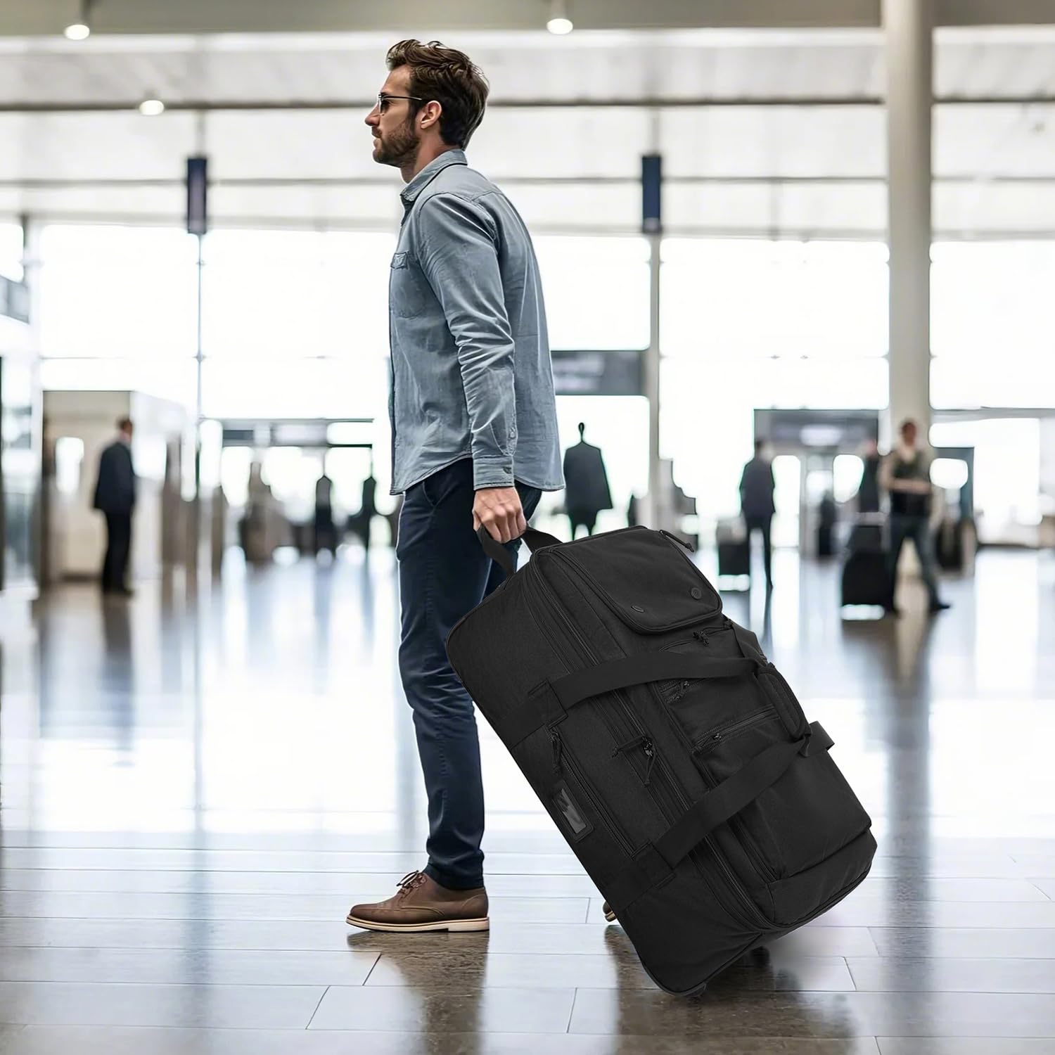 Borsone da Viaggio Pieghevole con Ruote Grande 85-100L Espandibile Borsa Sportiva Uomo Valigia con Ruote XL per Campeggio, Nero