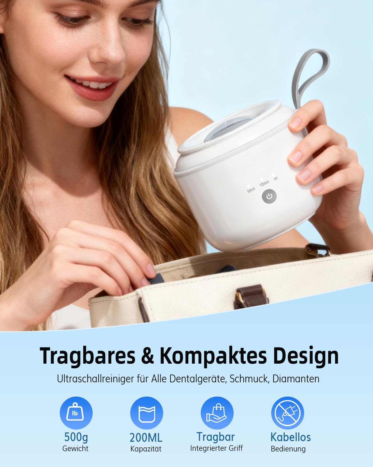 JeaTone Ultraschallreinigungsgerät Zahnschiene Kabellos - 48kHz Dental Pod mit UV-Licht & 2000mAh Akku - IPX5 Wasserdichtes Ultraschallreiniger für Retainer, Aligner, Zahnersatz & Schmuck - 200ml
