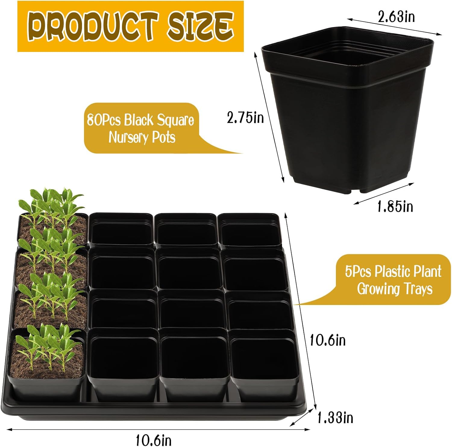 CIEOVO 2.4 inch 80 Pcs Square Nursery Pots with Drain Holes and 5 Pcs Plastic Plant Growing Trays, Seed Starter Kit Propagation Tray Seed Starting Pots for Seedling Plant Growing