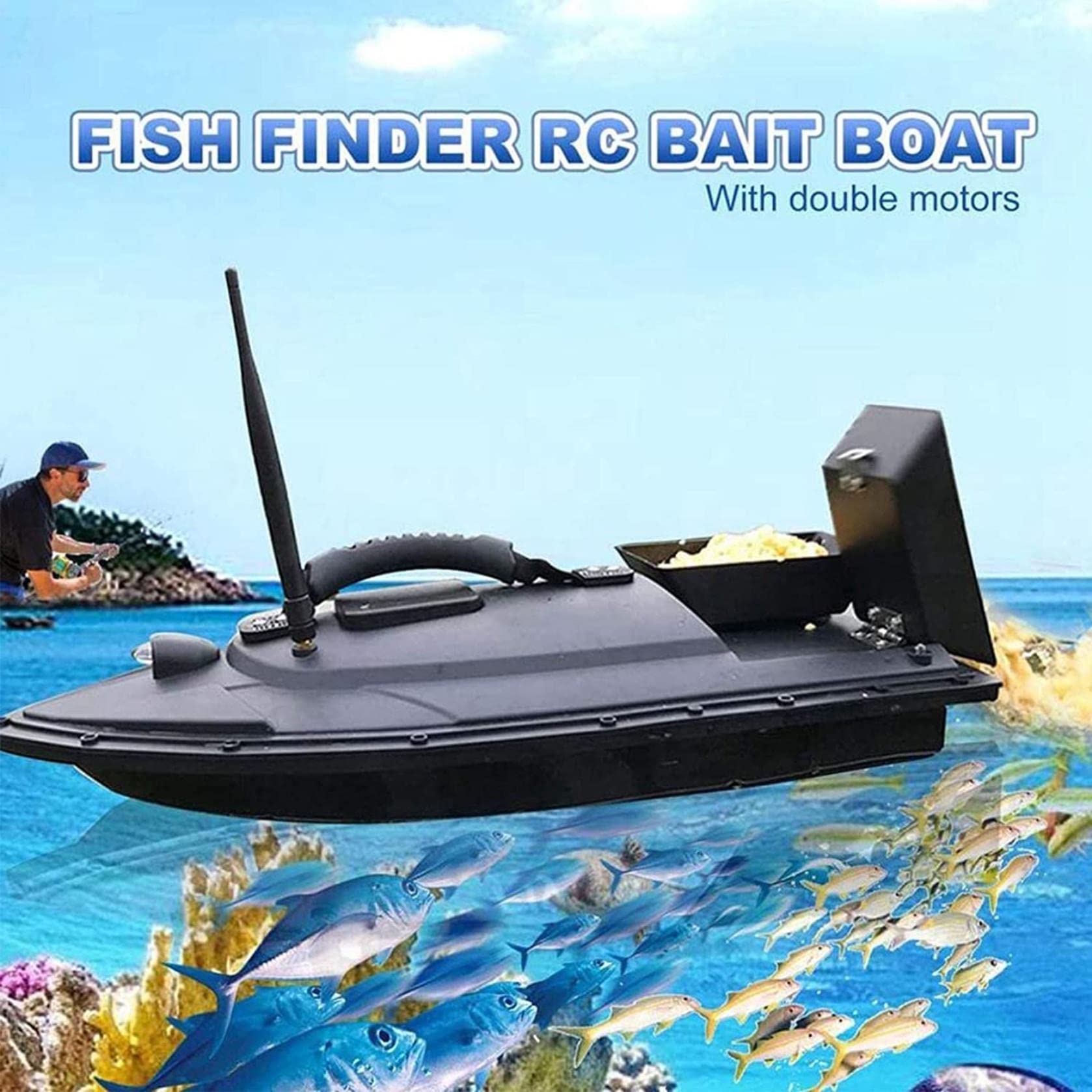 Barco de Cebo de Pesca, buscador de Pescado de Botes de Cebo con Accesorios de Pesca de Pesca de Doble Motor Regalos de Pesca para Hombres, Negro