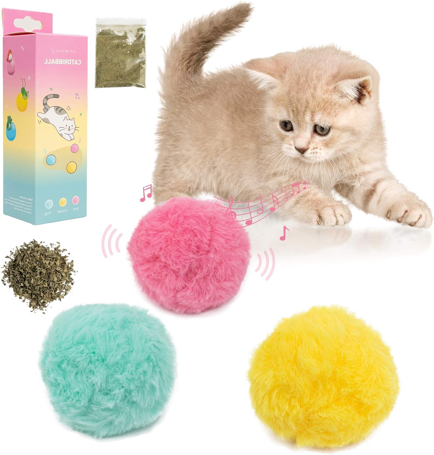 PETPSILAB Cat Ball Toy 3PCS Plush Electric Chirping Bird Squeak Frog Enrichment Kitty Toys Interactive Catnip Filled Pet Toys