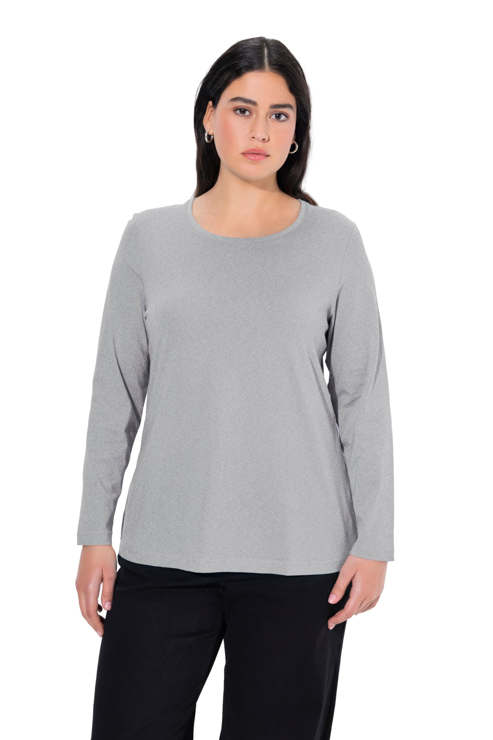 Ulla Popken Women's Light Grey Melange Wear Plus Size Curvy Oversize Slim Fit Long Sleeve Cotton Tee 50+ 646801 11-50+