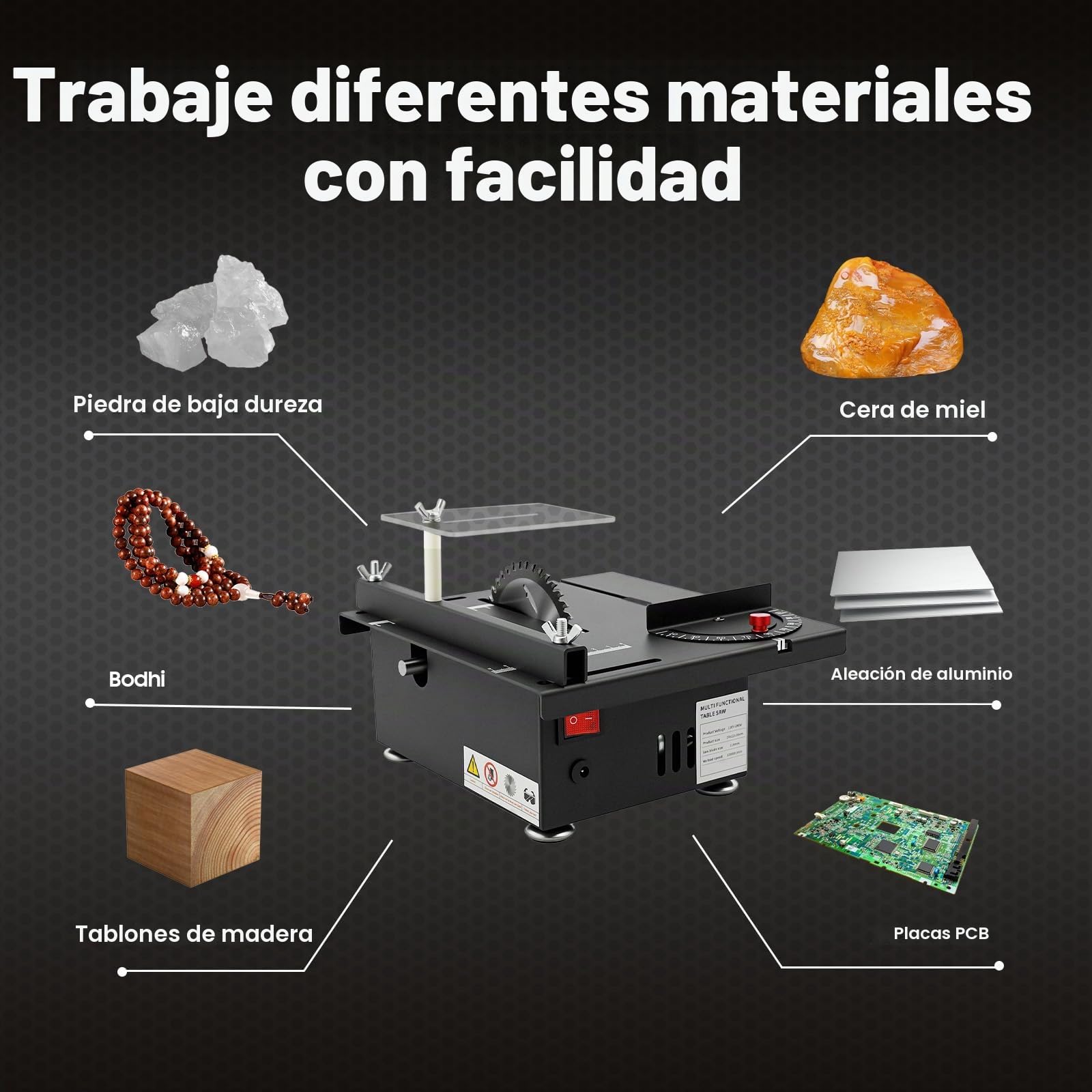 Mini sierra circular de mesa 10.000 rpm multifuncional para carpintería 200 W, 7 velocidades de rotación ajustable, diámetro de la hoja de sierra de 110 mm, con cepillo, placa de impacto, para corte