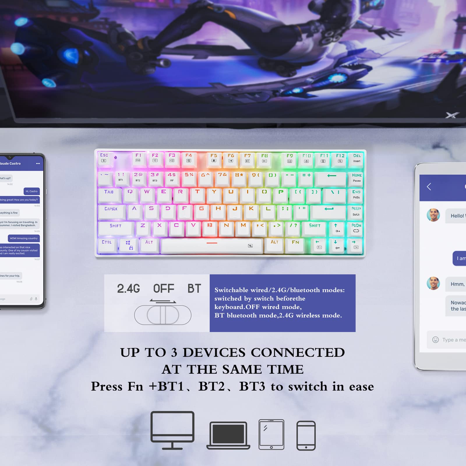 Teclado mecânico RGB sem fio, Bluetooth/2,4Ghz/teclado de jogos Z