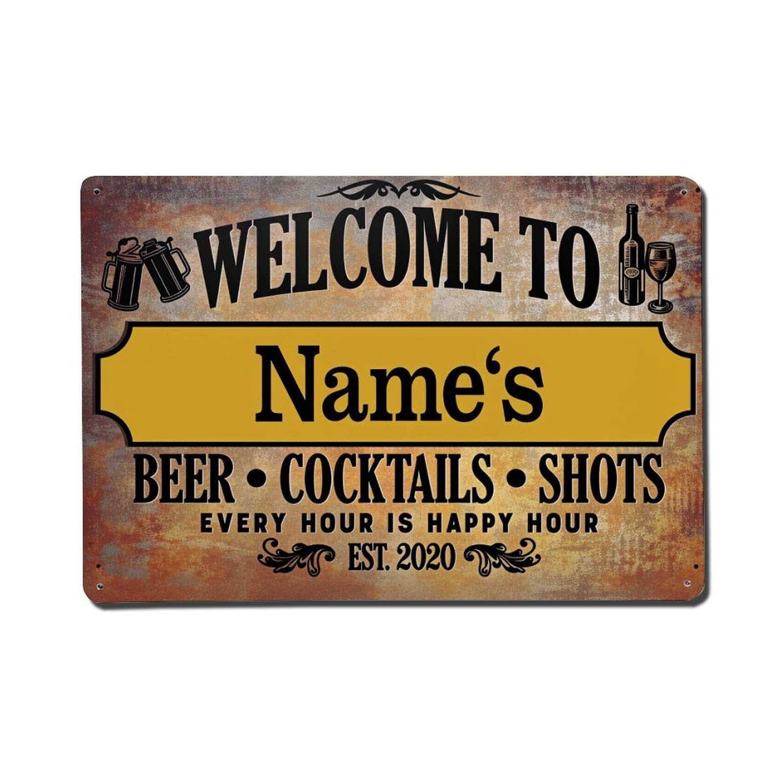 Welcome To Name's Beer Cocktails Shots Tin Sign Vintage Metal Poster, Home Bar Garage Man Cave Cafe Indoor & Outdoor Wall Decoration 8x12Inches