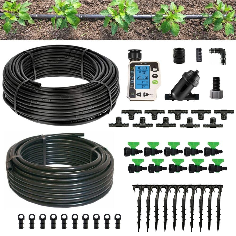 Kit Irrigazione orto automatico con centralina Amico+ Ala Gocciolante 100 Mq Distanza Goccia ogni 20 Cm Impianto Completo raccordi e Filtro Per Giardino