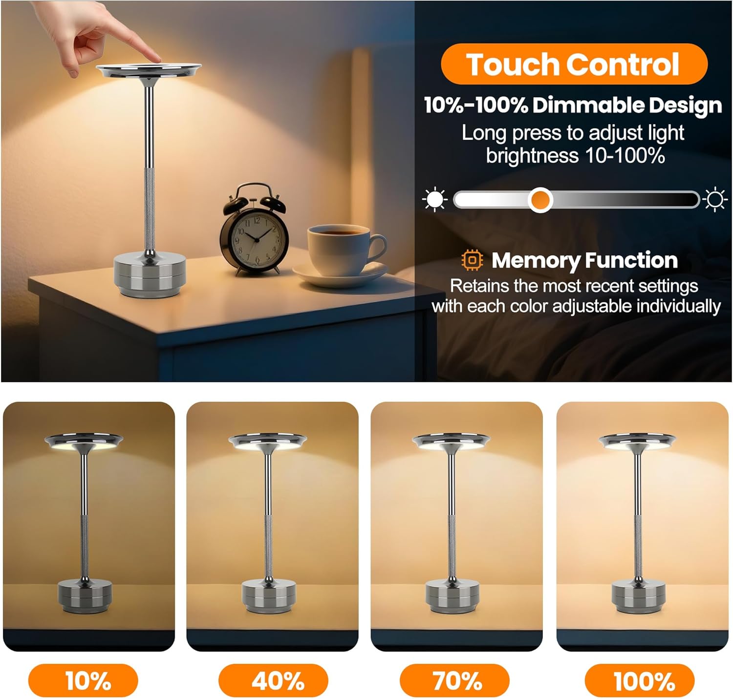 Cordless Table Lamp Rechargeable 5000mAh, 3-Color Stepless Dimming Touch Sensor, Portable LED Desk Light for Bedroom, Nightstand, Camping, Patio (1-Pack Pearl Black)