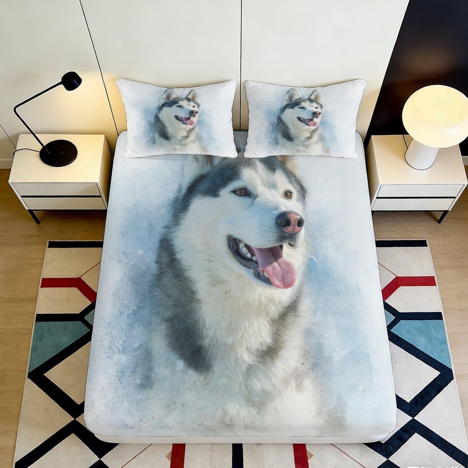 3D Printed Husky Dog Fitted Sheet Microfiber Non-slip Bedroom Decor Wolf Pattern Mattress Cover Machine Washable for Home Guest Room 160x200x25cm