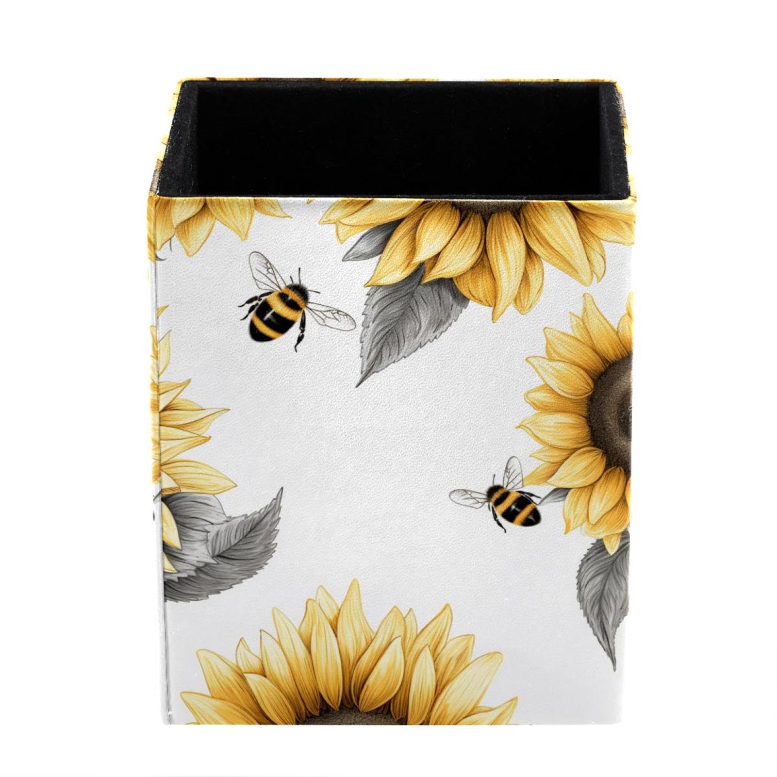 FWJZDSP Pen Holder for Desk, Bees and Sunflowers Pencil Holder, Pen Cup Functional Desk Organizer for Office Supplies