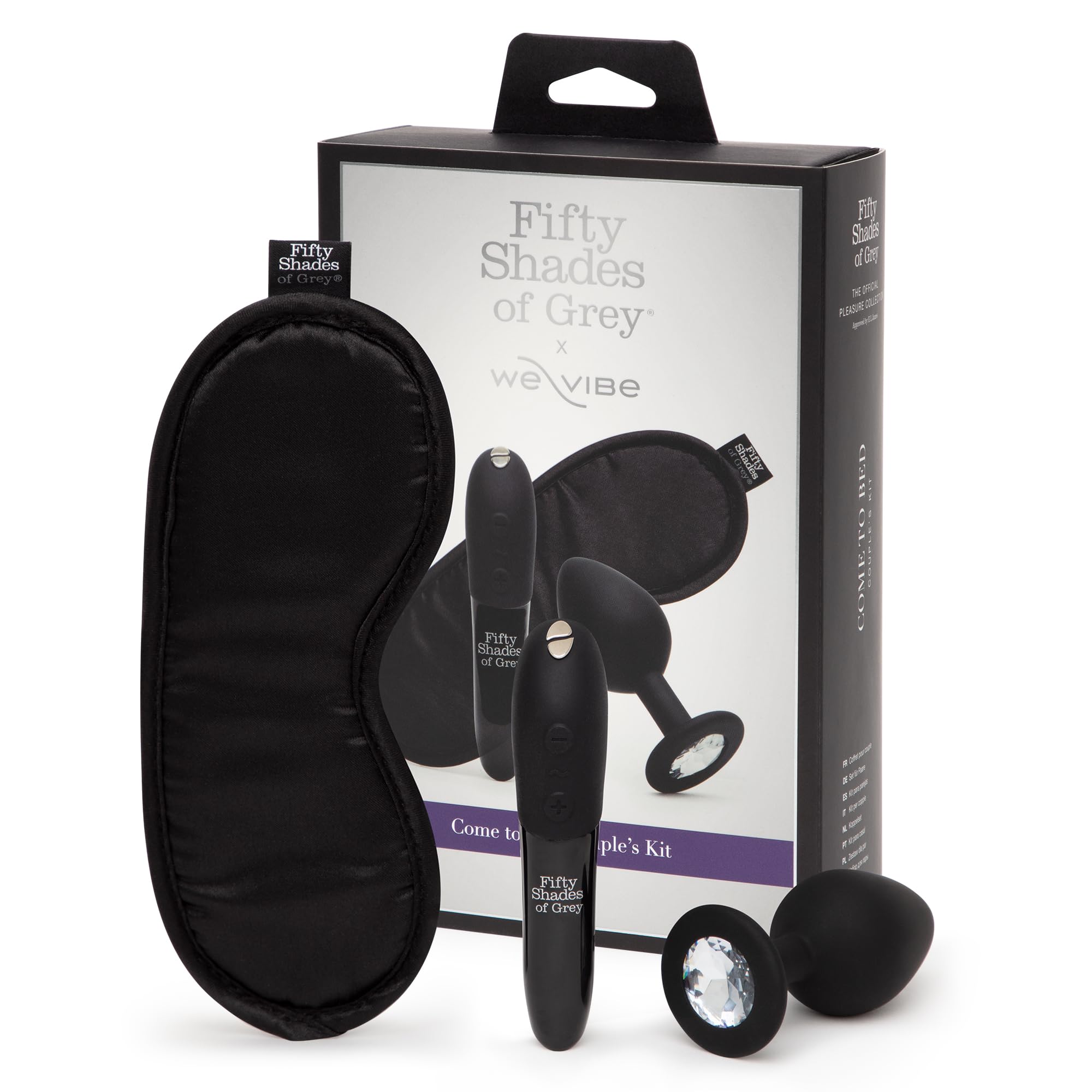 Fifty Shades of Grey Coffret Come to Bed pour Couples – Coffret pour Adultes avec Vibromasseur Bullet Clitoridien, Plug Anal Orné de Cristaux et Bandeau en Satin – Vibromasseur Bullet à 8 Vitesses