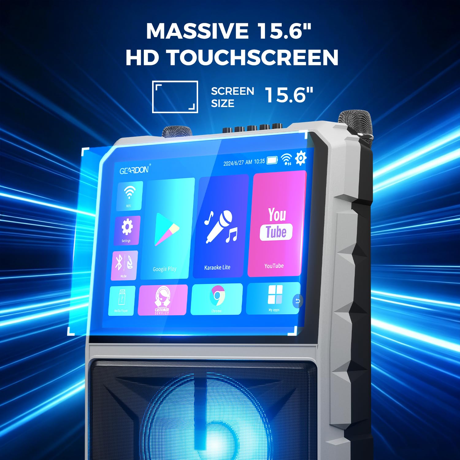 Máquina de karaoke con pantalla táctil Full HD de 15.6 pulgadas para adultos, pantalla de letras, sistema de karaoke inteligente, reproducción de video WiFi YouTube, 2 micrófonos inalámbricos