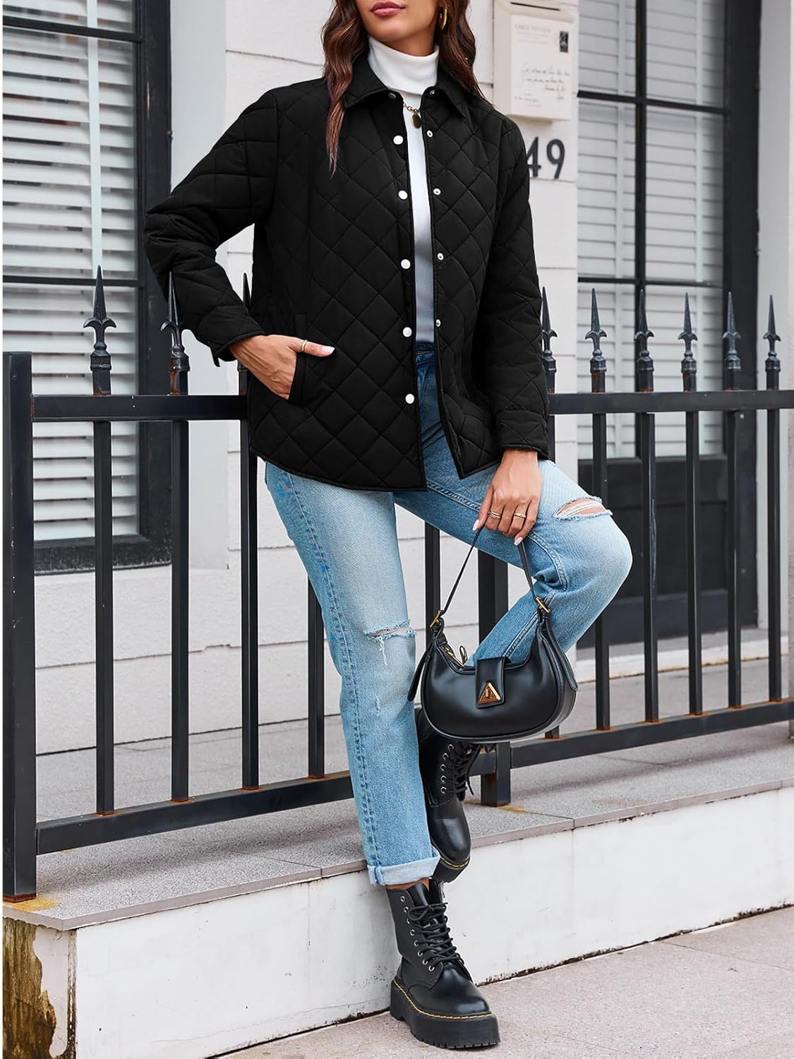 Grlasen Womens Lightweight Quilted Jacket Fall Button Down Puffer Jackets Loose Fit Stand Collar Warm Coats Outerwear - Image 3