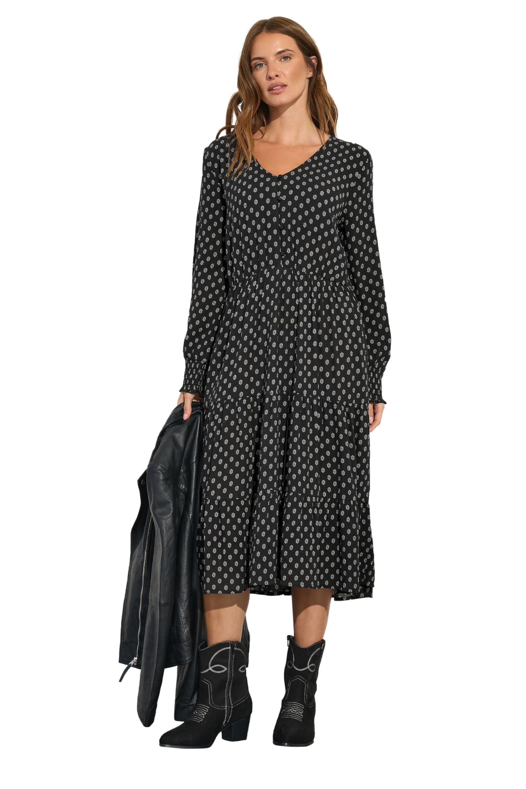 M&Co Women's Dobby Tiered Midi Dress in Black | Size: 16