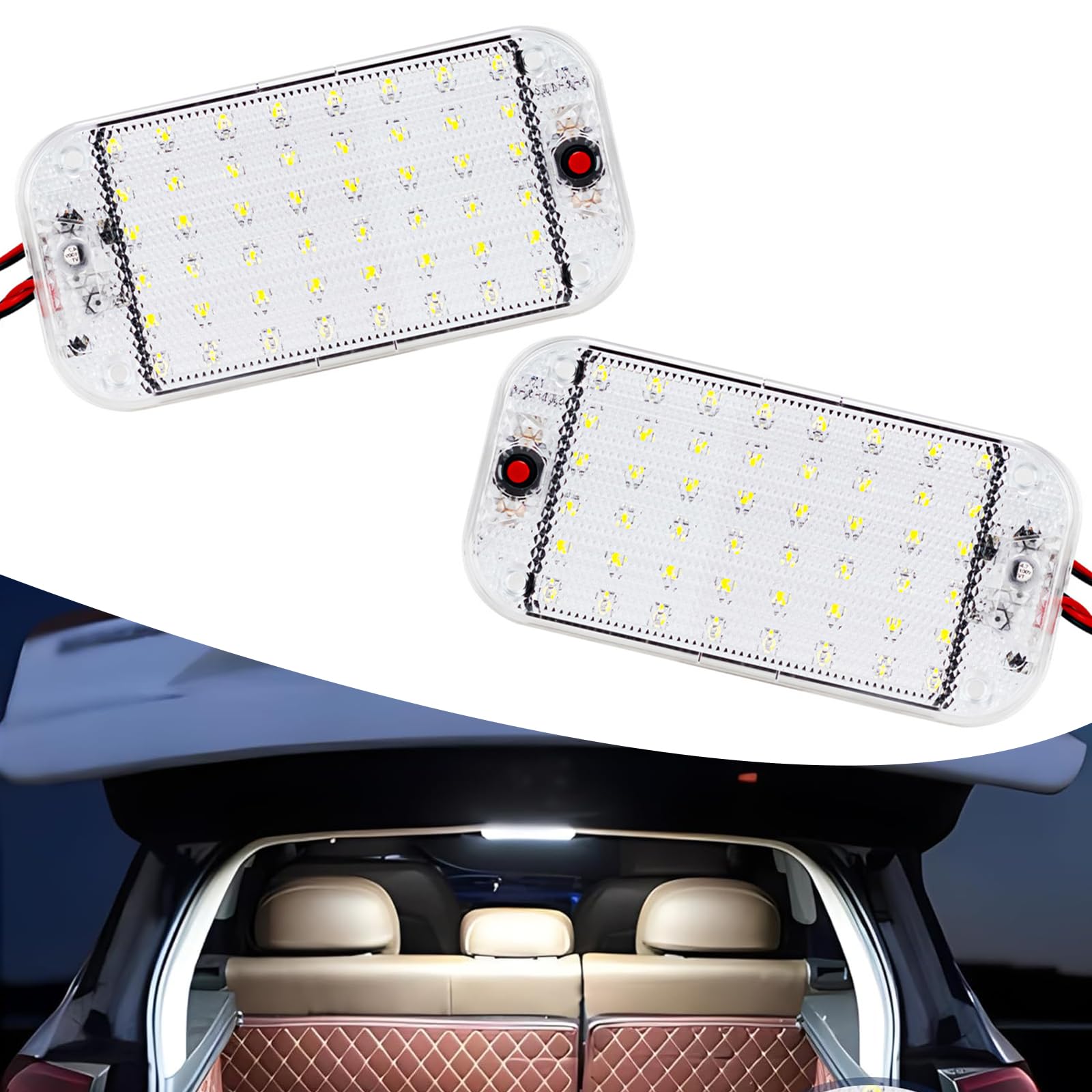 2 PCS Car LED Interior Reading Light, 12/85V DC 10W PC + Alloy Base Plate Square Rounded Corner Lighting Ceiling Light, Lighting Replacement Accessories, Suitable for Most Cars (White)