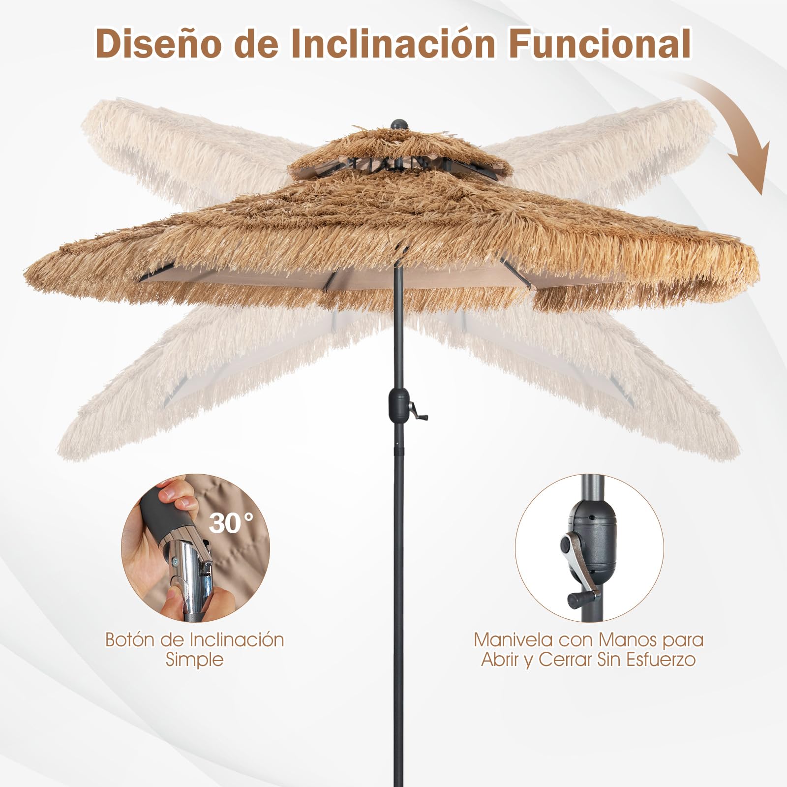 GOPLUS Sombrilla Paja Hawaiana 3/2,7m, Parasol de Jardin Inclinable con 8 Varillas, Sombrilla Terraza Exterior con Techo Doble para Piscina，Patio