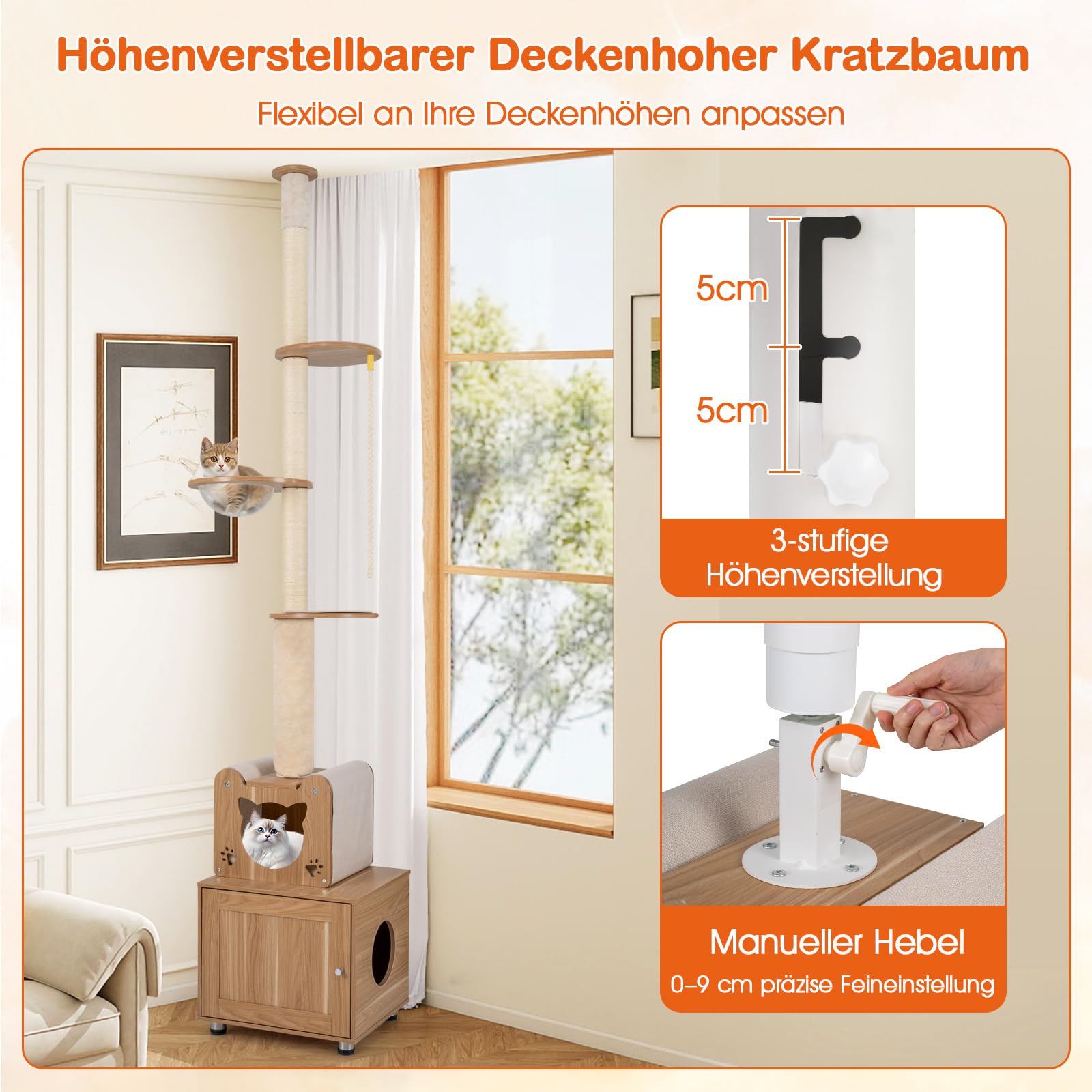 COSTWAY Kratzbaum deckenhoch, 257-276 cm, von Boden bis Decke, Katzenbaum mit Katzenhaus, Katzenkratzbaum hoch, Kletterbaum mit Plattformen, Raumkapsel, Sisal-Kratzstamm & Seil, Holz, Braun