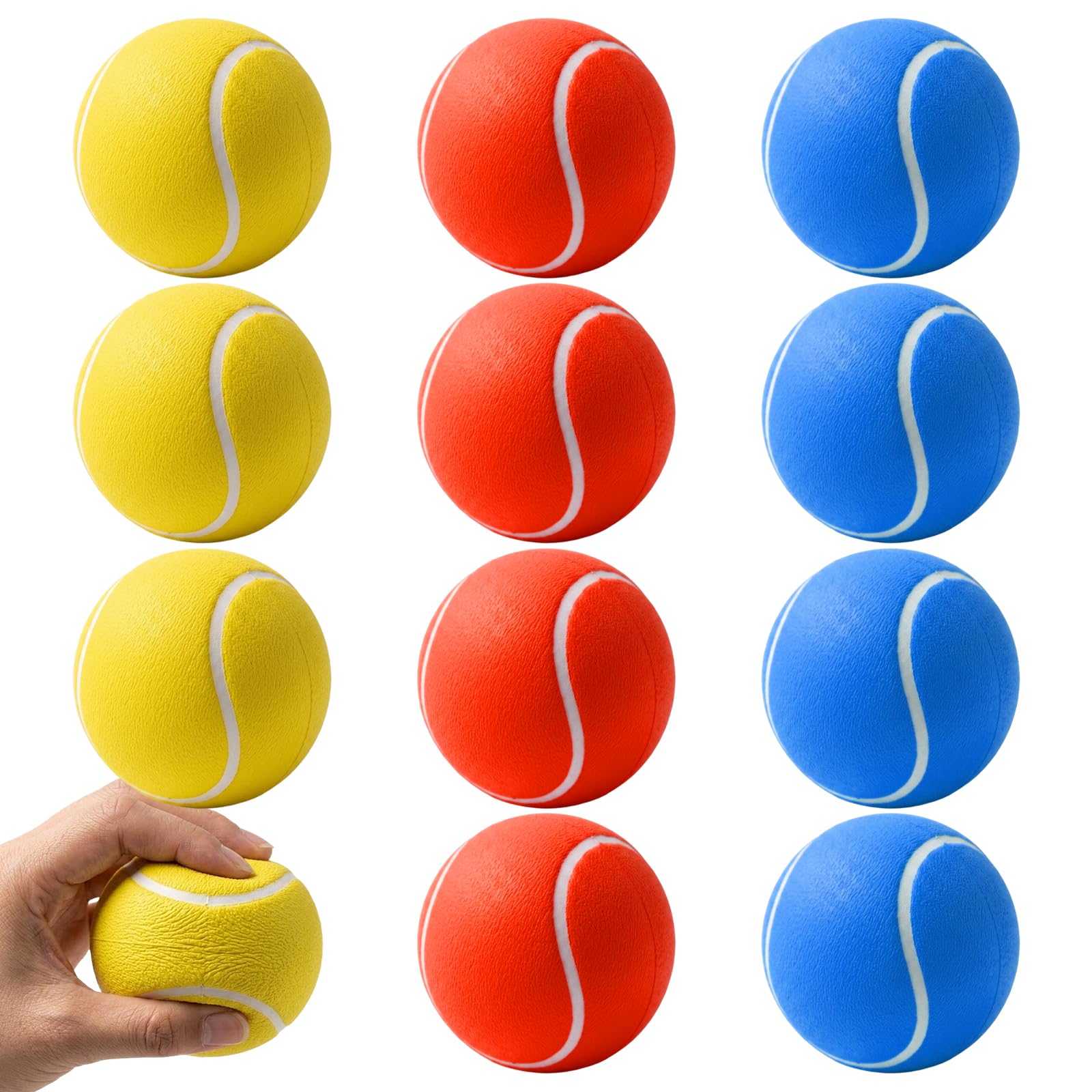 TUBAWD 12Pcs Foam Tennis Balls in Yellow Blue Red, Soft Sponge Balls for Playing and Tennis Training, Versatile for Pets and Schools, Stress Relief Activity Balls for Indoor and Outdoor Games