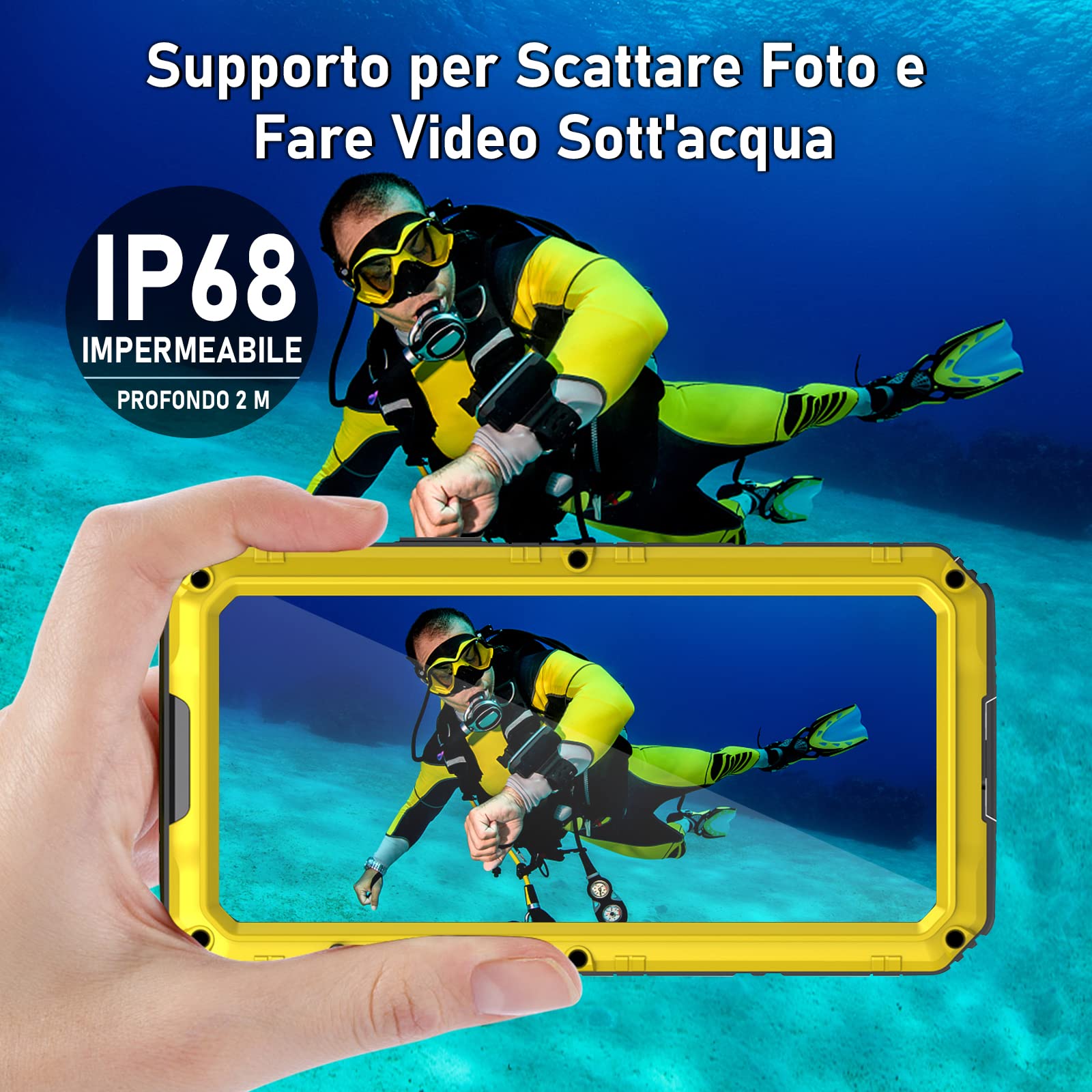 Beeasy Cover per iPhone 12 Pro IP68 Impermeabile Custodia Militare Antiurto Resistente 360° Metallo Armor Protezione Schermo Integrata Rugged Robusta Indistruttibile Subacquea Antipolvere Giallo