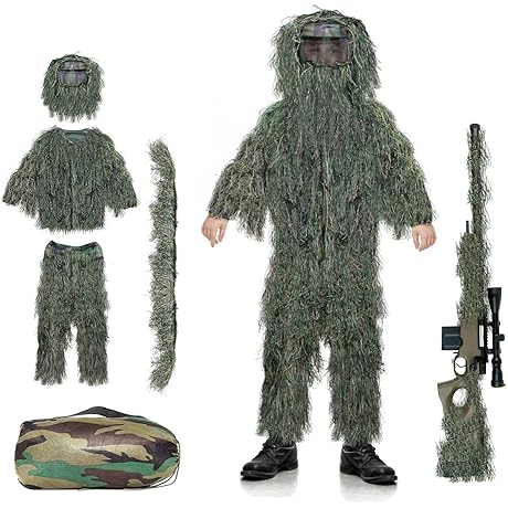 ANZOME Kids Ghillie Suit Set Outdoor Games, 3D Woodland Camo Hunting Suit...