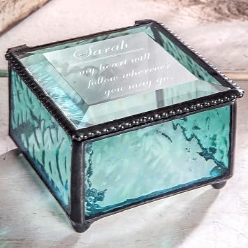 J Devlin Glass Art Personalized Aqua Blue Keepsake Box Custom Engraved Glass Jewelry Box for Wedding, Anniversary, Memorial, Bridesmaid or Sympathy Gift Handmade Stained Glass Trinket Box