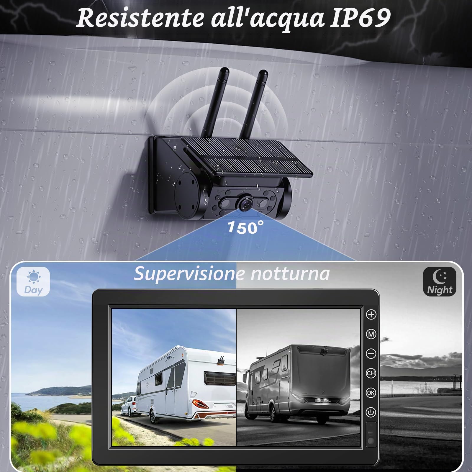 Solare Telecamera Retromarcia Wireless 7 Pollici 1080P Monitor, Magnetica Telecamera Retromarcia Ricaricabile 10000mAh Batteria, Visione Notturna, per Camion, Auto, Roulotte(VS-7B)