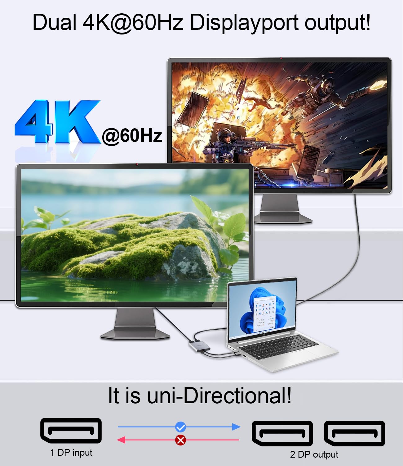 Adattatore DisplayPort a doppio DisplayPort, splitter DP 1 in 2 Out per doppio display monitor 4K a 60Hz, adattatore SST/MST per estendere display per laptop, PC, NVIDIA, scheda grafica AMD