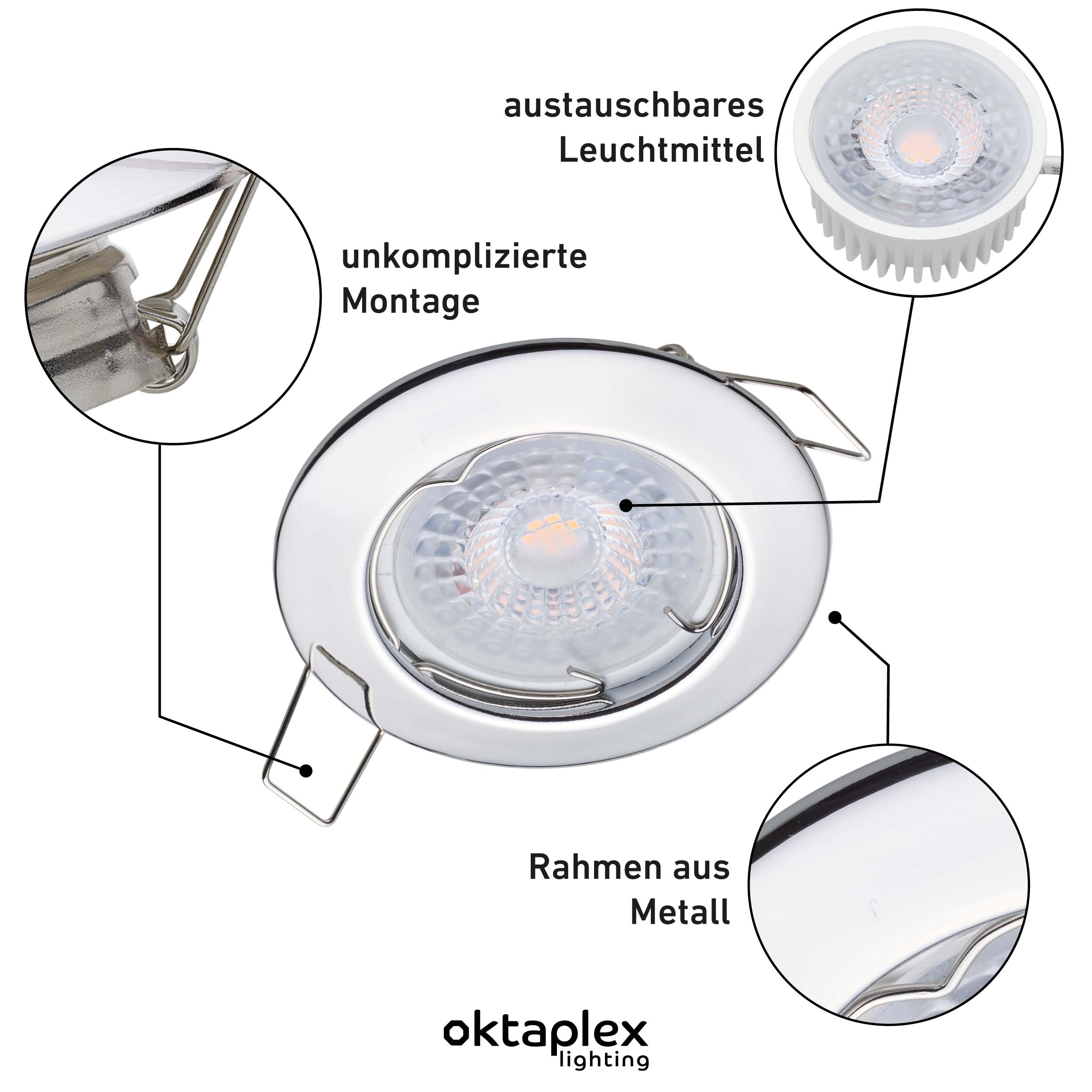 Oktaplex 9er Set Sedan LED Einbauspots 230V 3 Stufen dimmbar 3000K Warmweiß | 22mm Einbautiefe, Lochmaß 60mm, 4,8W, 380lm, 110° Einbauleuchte Sedan, Chrom flach