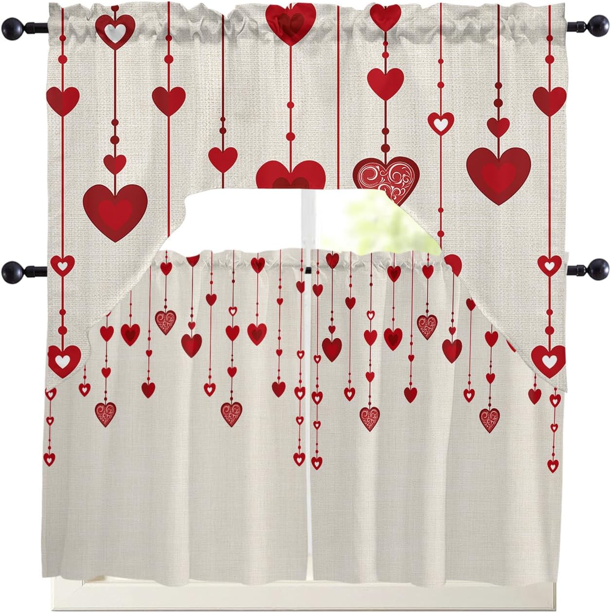 Saint Valentine's Swag Kitchen Curtain Sets with Valance,3 Pieces Rod Pocket Curtain Drapes for Bedroom Living Room Bathroom Cafe,Romantic Red Love Heart Farmhouse Burlap 56''x36''&36''x27.5''x2Panels