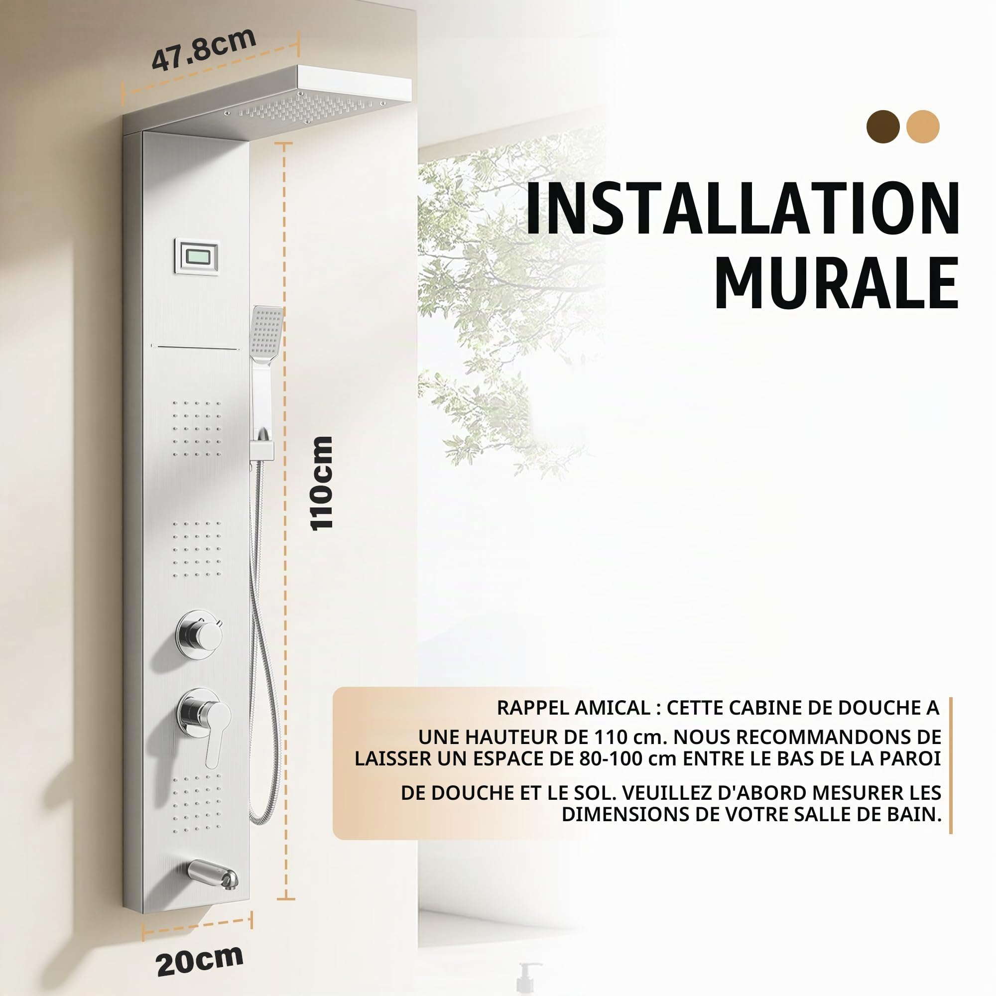 Colonne de Douche Hydromassante STANEW,Affichage LED la Température,Robinet 5 Fonctions,Pluie, Cascade,Massage, Bec de Baignoire et Pomme de Douche avec Tuyau,Acier Inoxydable Brossé 1100 mm (Gris)