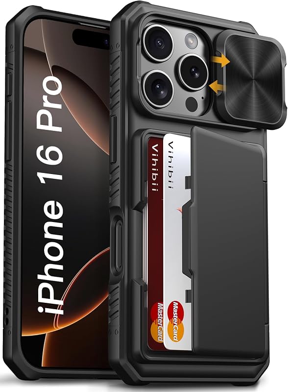 Vihibii for iPhone 16 Pro Case Wallet with Card Holder (4 Cards), Black | RFID Blocking, Slide Camera Lens Cover, Military-Grade Drop Protection, Raised Edges Protect Screen, Ditch the bulky wallet