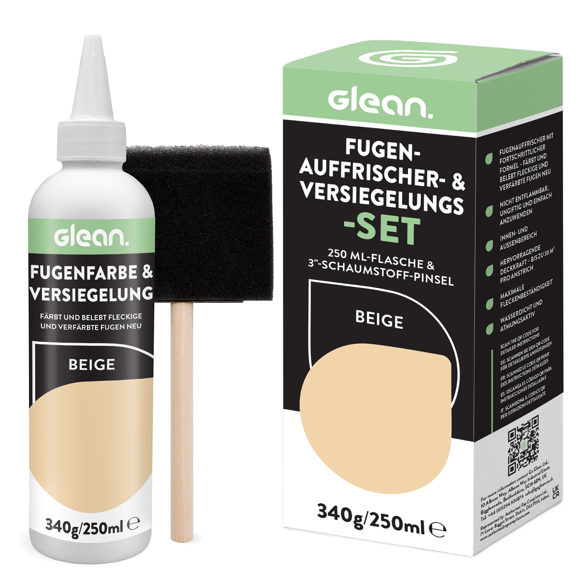 GLEAN Fugenfarbe & Versiegelung Beige | 340g | Erneuert & schützt Fliesenfugen | Mit Schaumstoffpinsel | Atmungsaktiv & fleckenresistent | Für Bad, Dusche & Küche