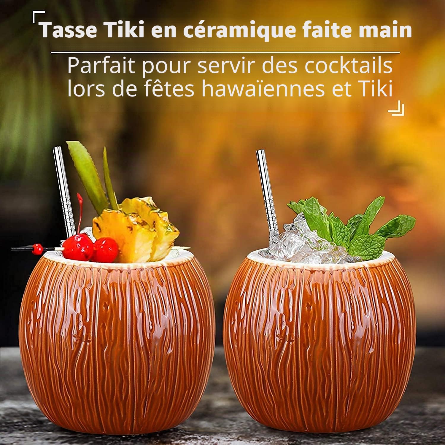 Set de 4 Tiki Mugs Coco en céramique, verres à cocktails tropicaux, lot de tasses tiki pour boissons exotiques et cocktails hawaïens, design noix de coco, ambiance festive et estivale