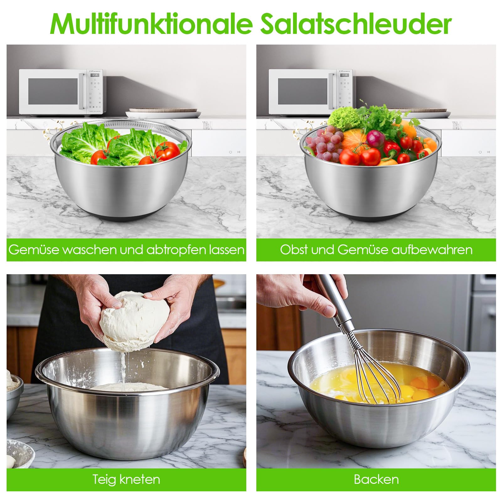 Salatschleuder Edelstahl Groß 4,5L, Push-Typ Salatschleuder mit Deckel, Rutschfestem Boden, Salad Spinner Zum Waschen und Abtropfen von Salaten, Abgießen von Nudeln usw
