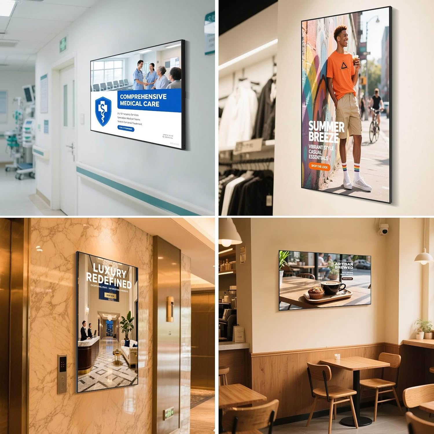 32" Digital Signage Disply, 2000nits High Brightness Advertising Display, Slim Fit Frameless Wall Mount Digital Signage, CMS Remote Publish, 24/7 Working, Smart Split-Screen, HDMI/USB/WiFi/Android OS