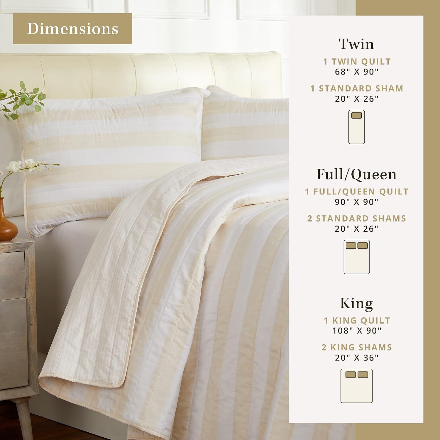 3 Piece Full/Queen Quilt Set with Sham | Soft & Breathable for Spring & Summer | All-Season Multi Layer Coverlet | Lightweight Bedspread | Boho Stripes | Bettina Collection (Full/Queen, Parchment)
