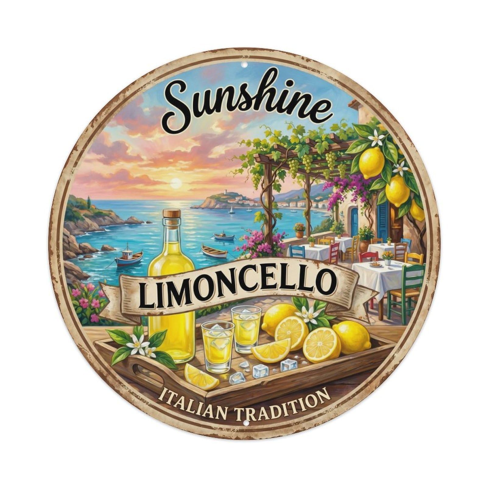 Fqcyn Style Fresh Limoncello Spirit Metal Tin Sign Plaque Wall Decor For Cafe, Club Bar, Office, Home Garden Round Metal Poster 8X8inch