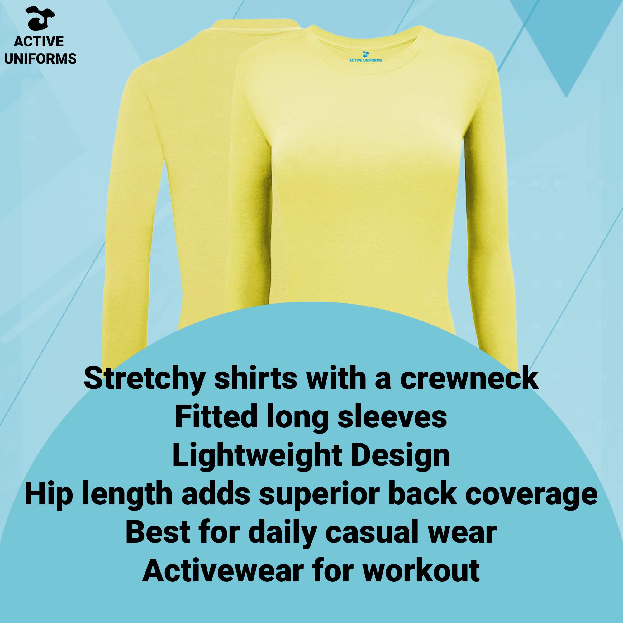 ACTIVE UNIFORMS Women's Under Scrub Tee Crew Neck Long Sleeve T-Shirt (Yellow, Large)