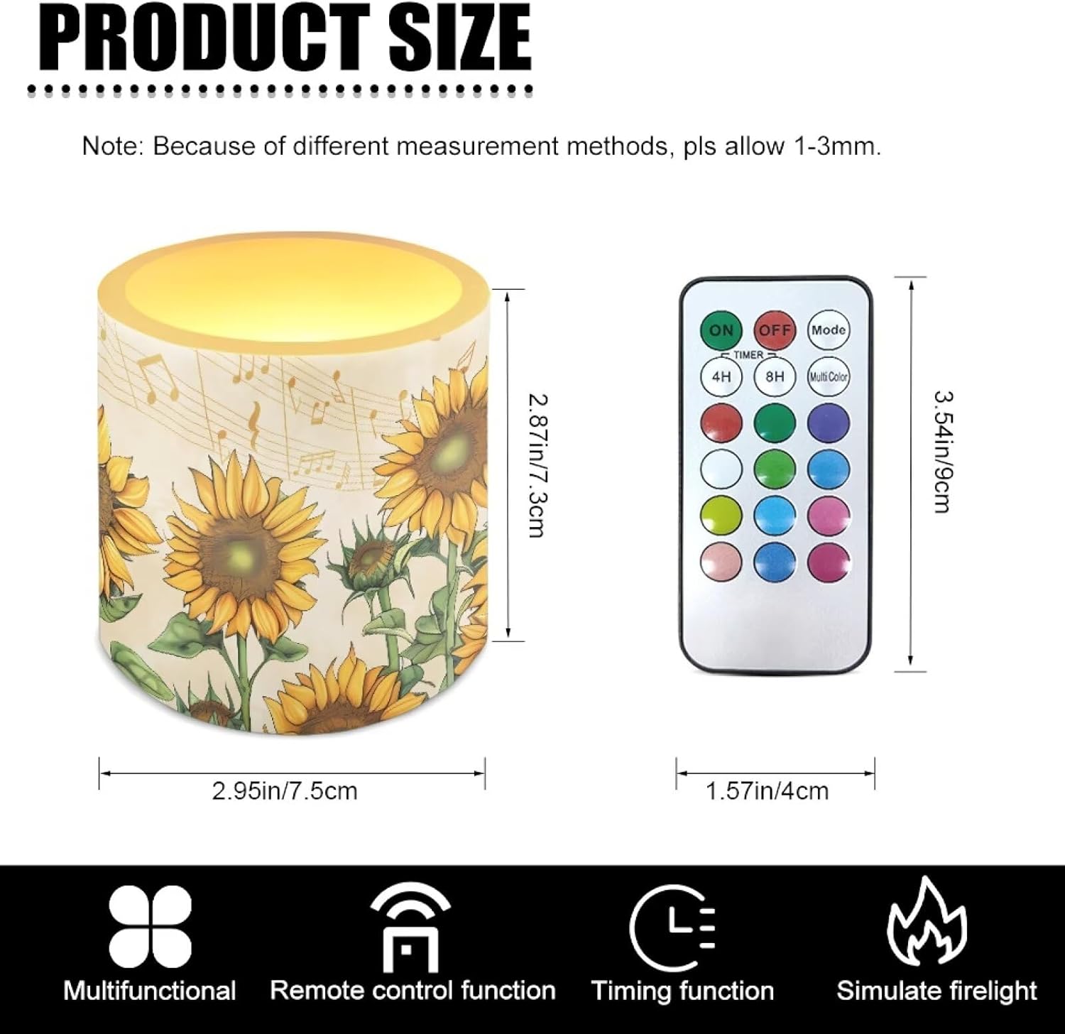 Vintage Sunflower Print 4 Pcs Flameless Candles with Remote Timer Color Changing Battery Operated LED Pillar Flickering Candles for Home Decor