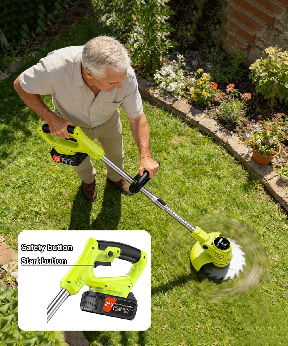 21V Cordless Weed Wacker Electric, 650W 6000 RPM Battery Stringless Weed Wacker with 2X 2.0Ah Batteries, Powerful String Trimmer Cordless for Garden & Lawn Care