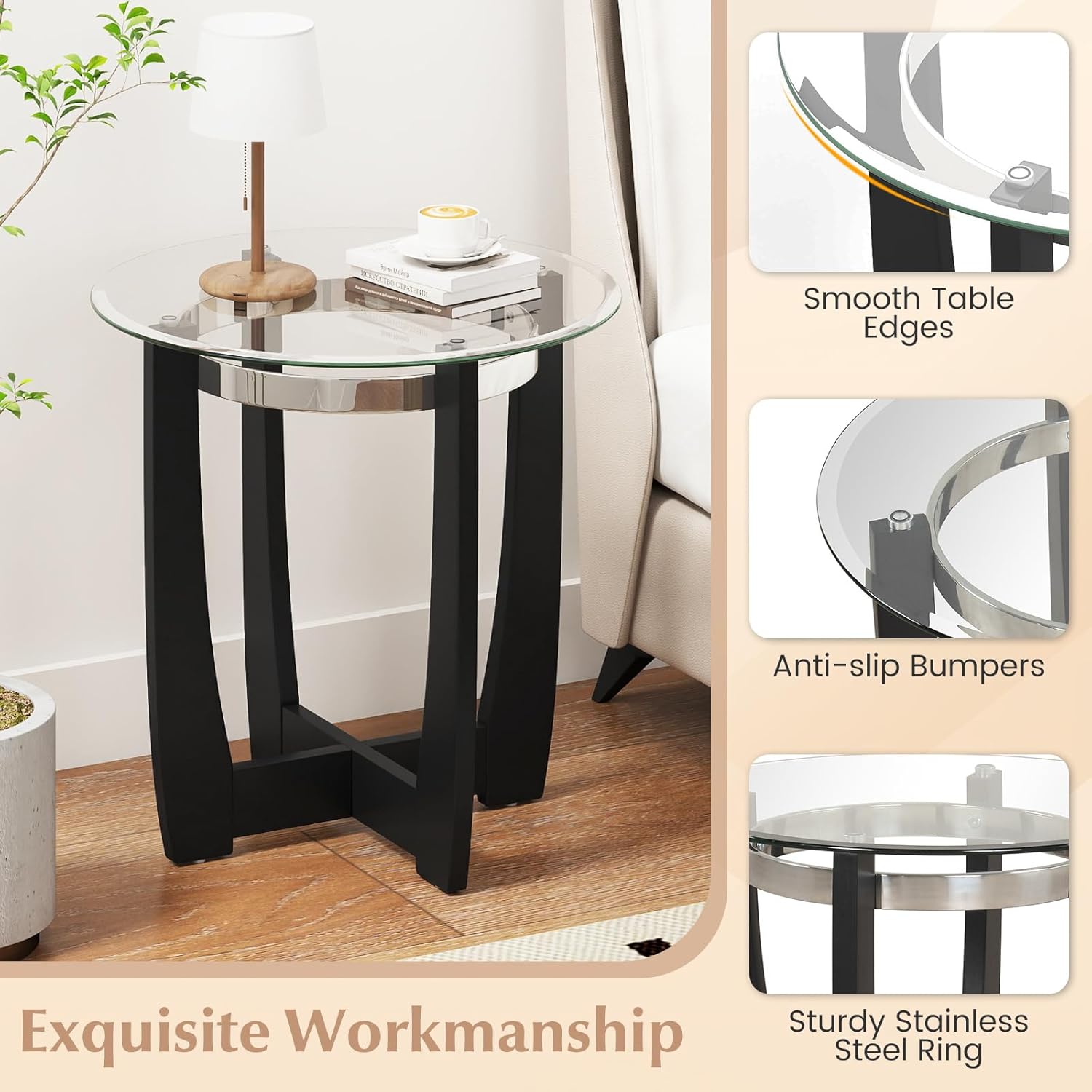 Giantex Round Glass End Table - 24’’ Side Table with Tempered Glass Top, Nightstand with Cross & Solid Rubber Wood Base, Compact Bedside Night Stand for Bedroom Office Living Room (1, Black)